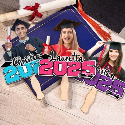 Custom Name & Photo Glitter Graduation Face Fan, Class of 2025 Graduation Head Fan with Wooden Handle, Graduation Gift for Family/Friends/Classmates