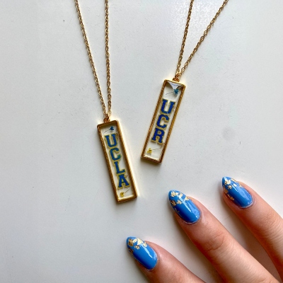 Personalized College Name Bar Necklace with Flower, University/College Jewelry for Tailgate, Graduation/Gameday Gift for Graduates/Students/Friends