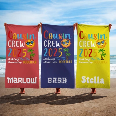 Personalized Name Cousin Crew Beach Towel, Quick Dry Bath Towel, Summer Vacation/Beach/Pool Party Favor, Travel Accessory, Gift for Cousins/Kids