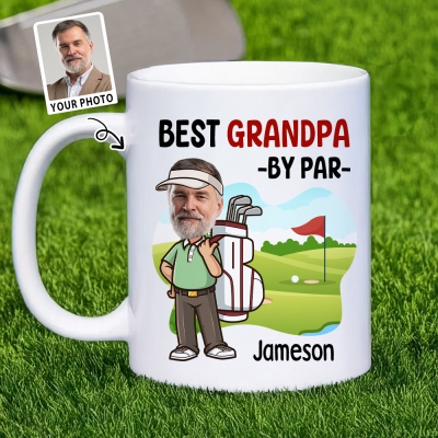 Personligt namn- och ansiktsfotomugg från Best by Par, 340 ml tvåfärgad keramisk mugg med handtag, födelsedags-/fars dagspresent för golfälskare/spelare/tränare