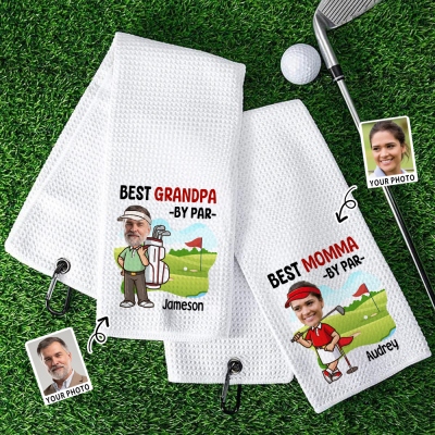 Custom Name & Face Photo Golf Towel, Absorbent Waffle Weave Sports Towel with Hanging Clip, Birthday/Father's Day Gift for Golf Lovers/Players/Coaches