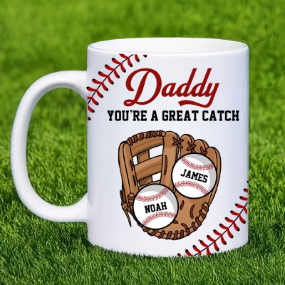 Personalized You Are a Great Catch Baseball Mug with Name, 11oz Multicolor Ceramics Coffee Tea Mug, Father's Day/Birthday Gift for Baseball Lover
