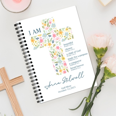 Personalized Floral Cross Bible Verse Notebook with Name & Date, A5 Spiral Prayer Journal, Baptism/First Communion Gift for Christian Woman/Girl