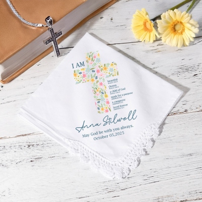 Personalized Floral Cross Bible Verses Handkerchief, Custom Lace Handkerchief with Name & Date, Baptism/First Communion/Confirmation Gift for Girls