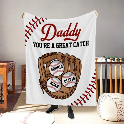 Personalized Baseball Glove Holding Baseball Blanket with Names, You Are a Great Catch Throw Blanket for Bedroom/Couch, Sports Gift for Baseball Lover