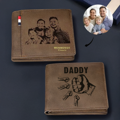 Personalized Family Fist Bump Photo Wallet, Custom Multiple Name Leather Wallet, Travel Accessory, Father's Day/Birthday Gift for Dad/Grandpa/Him