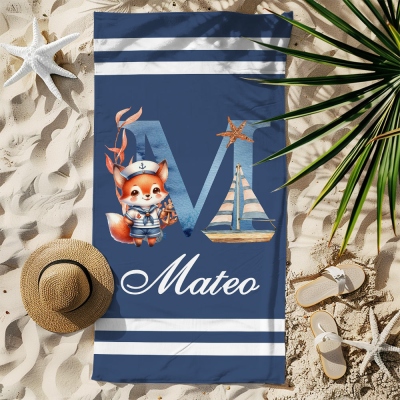 Custom Name Marine Alphabet Animal Sailor Beach Towel, Quick Dry Microfiber Bath Towel, Vacation/Beach/Pool Party Favor, Gift for Kids/Boys/Girls
