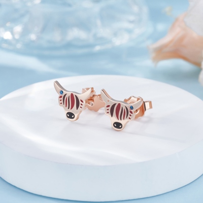 Custom Birthstone Enamel Highland Cow Stud Earrings, Sterling Silver 925 Dainty Earrings, Birthday/Anniversary Gift for Highland Cow Lovers/Her/Mom
