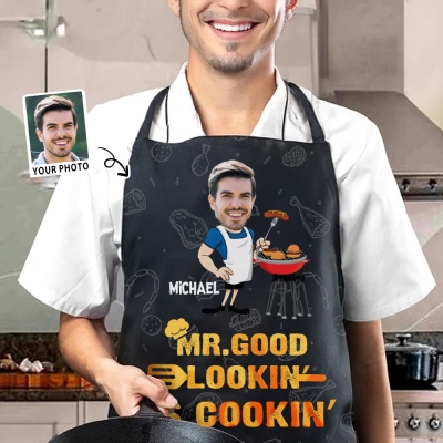 Personalized Face Photo Cartoon Design BBQ Apron, Custom Funny Men's Apron, Barbecue Party Favor, Father's Day Gift for Dad/Grandpa/Grill Lovers