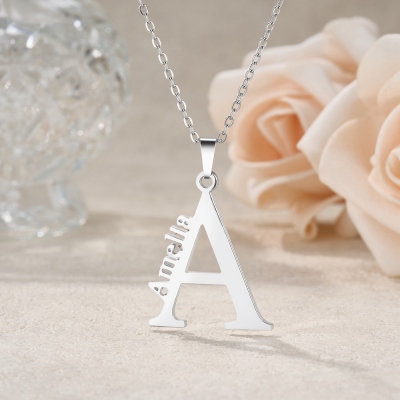 Personalized Large Initial Name Charm Necklace, Minimalist Stainless Steel Sideways Name Jewelry, Birthday/Anniversary Gift for Mom/Girlfriend/Her