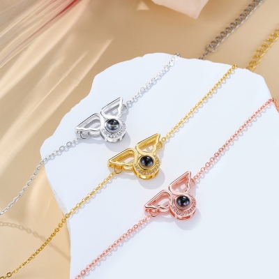 Custom Photo Projection Angel Wings Bracelet, Dainty Picture Inside Guardian Angel Bracelet, Memorial Jewelry, Birthday/Anniversary Gift for Her/Mom