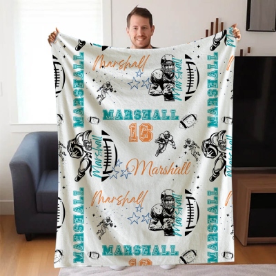 Personalized American Football Player Silhouette Blanket with Name and Number, Multicolor Soft Throw for Game Night or Home Decor, Gift for Player/Fan