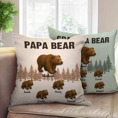 Personalized Names Papa Bear & Cubs Throw Pillow Cover, Pillowcase with Optional Insert, Home Decor, Birthday/Father's Day Gift for Dad/Grandpa