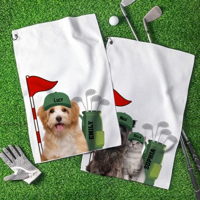 Personalized Pet Photo Golf Towel with Names, Absorbent Waffle Weave Sports Towel with Hanging Clip, Gift for Pet-Loving Golfers/Players/Coaches