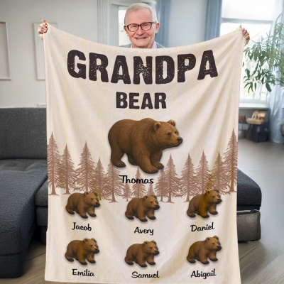 Personalized Names Papa Bear & Cubs Blanket, Flannel/Sherpa Soft Bed Couch Throw, Home Decor, Birthday/Father's Day Gift for Him/Dad/Grandpa