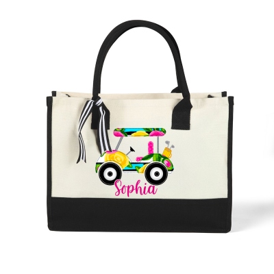 Personalized Name Colorful Golf Design Tote Bag, Large Capacity Canvas Handbag with Strap, Golf Accessory, Gift for Golf Lovers/Coaches/Teammates