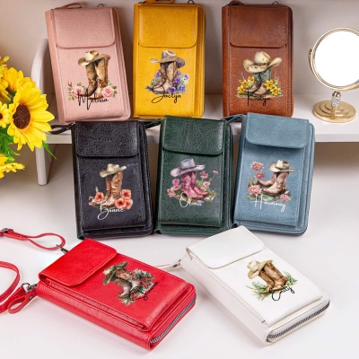 Custom Name Birth Flower Cowgirl Boots Leather Crossbody Cellphone Bag, Phone Wallet Purse with Adjustable Shoulder Strap, Birthday Gift for Women