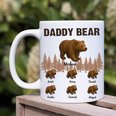 Personalized Papa Bear & Cubs Mug with Names, 11oz Ceramic Coffee Tea Mug with Color Inside, Birthday/Father's Day Gift for Dad/Grandpa/Husband