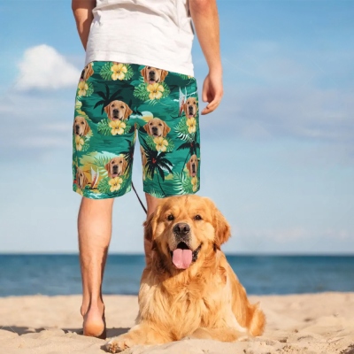 Custom Pet Face Photo Hawaiian Shorts, Dog Cat Portrait Tropical Pattern Print Beach Shorts, Summer Vacation Outfit, Gift for Pet Lovers/Men/Teens