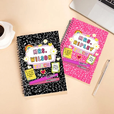 Personalized Name Teacher's Colorful Spiral Notebook, Post-It Note Pencil Design A5 Lined Notebook, Teacher's Day/Appreciation Gift for Teachers