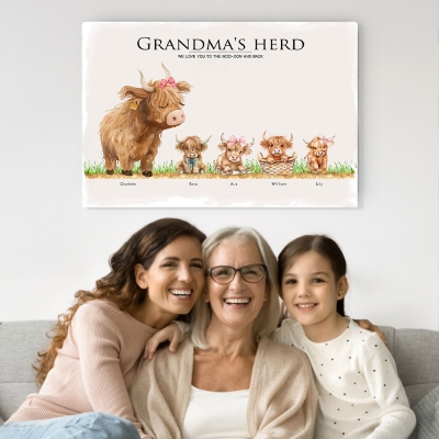 Custom Names Highland Cow Family Wall Art Print, Canvas Frame Sign, Home Decor, Mother's Day/Father's Day/Housewarming Gift for Mom/Dad/Grandparents