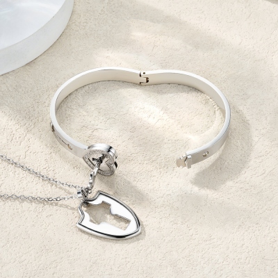 Custom Heart Padlock Bangle with Birthstones & Key Cross Necklace Set, Key Necklace Unlocks Bangle, Anniversary/Valentine's Day Gift for Her/Couple