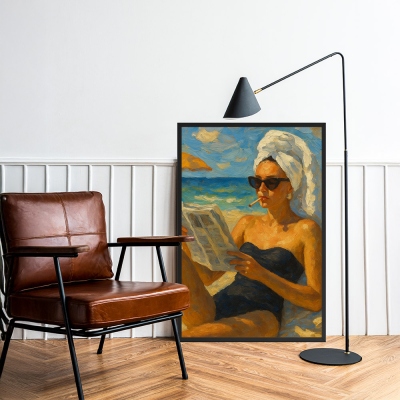 Sunset Beach Wall Art – Relaxing Woman Reading Print, Summer Coastal Decor, Oil Painting Style Poster, Framed or Unframed Gift for Art Lovers
