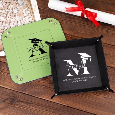 Personalized Name Graduation Cap Alphabet Leather Catchall Snap Valet Tray, Foldable Accessories Holder Class of 2025, Memorial Gift for Graduates
