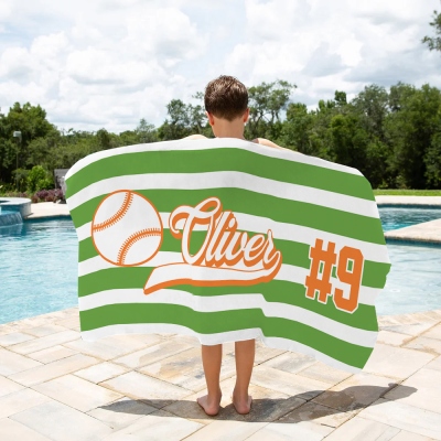 Custom Name & Number Baseball Striped Beach Towel, Quick Dry Microfiber Bath Towel, Summer Vacation/Beach Party Favor, Gift for Baseball Lovers/Kids