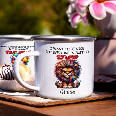 Personalized Grumpy Animal Children's Enamel Mug with Name, 12oz Shatterproof Cup with Handle, Tin Camping Mug, Gift for Kids/Teens/Boys/Girls