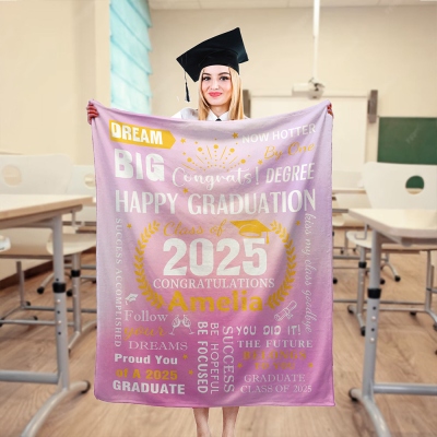 Personalized Name Graduation Blanket, Flannel/Sherpa Soft Bed Couch Throw, High School/College Class of 2025 Keepsake, Gift for Graduates/Students