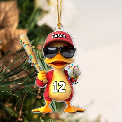 Personalized Name & Number Funny Baseball/Softball Duck Ornament, Acrylic Christmas Tree Hanging Decor, Christmas Gift for Softball or Baseball Lovers