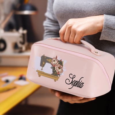 Custom Name Birth Flower Sewing Machine Design Travel Makeup Bag, Open Flat Leather Cosmetic Bag with Divider & Handle, Gift for Sewing Lovers/Women