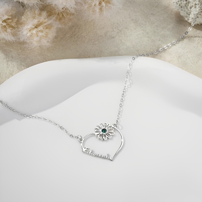 Custom Name Heart Necklace with Birth Flower & Birthstone, Sterling Silver 925 Women's Jewelry, Birthday/Anniversary/Mother's Day Gift for Her/Mom
