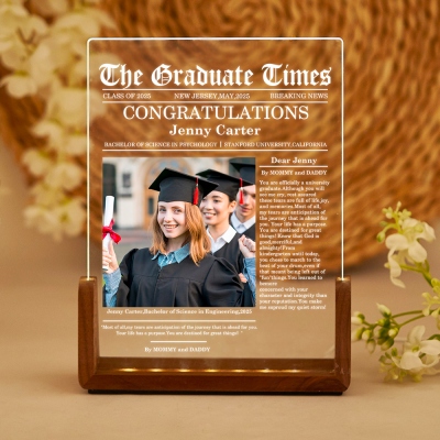 Personalized Name & Photo Graduation Newspaper Style LED Night Light, Acrylic Night Lamp with Wooden Base, Home Decor, Memorial Gift for Graduates