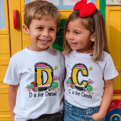 Personalized Cute Pencil Initial Shirt with Name, First Day of School Cotton T-Shirt/Sweatshirt, Back to School/Birthday Gift for Kids/Boys/Girls
