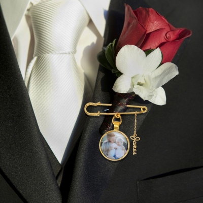 Personalized 1-5 Photos Lapel Brooch Pin with Name, Bridal Bouquet Charm, Memorial Pin, Engagement/Wedding Gift for Parents of the Bride or Groom
