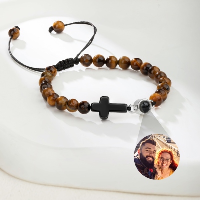 Personalized Photo Projection Cross Tiger Eye Bracelet, Natural Healing Stone Adjustable Warp Bracelet, Birthday/Christmas Gift for Her/Him/Family
