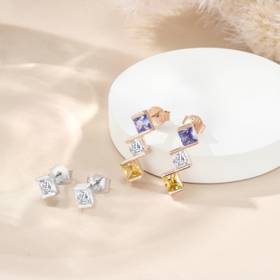Personalized 1-5 Square Birthstones Stud Earrings, Multiple Family Birthstones Earrings, Birthday/Mother's Day/Anniversary Gifts for Her/Mom/Grandma