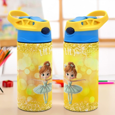 Custom Name Cartoon Little Ballerina Glitter Water Bottle, Stainless Steel 12oz Cup with Silicone Straw & Spill-Proof Lid, Birthday Gift for Girls