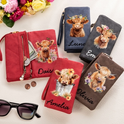Personalized Name Watercolor Highland Cow Tri-Fold Wallet, Leather Wallet Card Phone Holder with Wrist Strap, Gift for Highland Cow Lovers/Women
