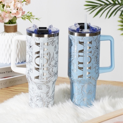 Personalized Mom Tumbler with Kids' Names, Stanley Style 40oz Tumbler with Handle, Travel Floral Insulated Mug, Mother's Day Gift for Mom/Grandma