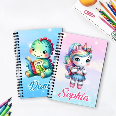 Personalized Cartoon Unicorn/Dinosaur Notebook with Name, Softcover Lined A5 Spiral Notebook, Birthday/Back to School Gift for Kids/Boys/Girls