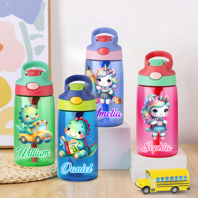 Custom Name Cartoon Unicorn/Dinosaur Water Bottle, 16oz Children's Cup with Silicone Straw & Handle, Birthday/Back to School Gift for Kids/Boys/Girls