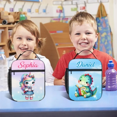 Custom Name Cartoon Unicorn/Dinosaur Lunch Bag, Large Capacity Insulated Lunch Box with Handle & Side Pocket, Birthday/Back to School Gift for Kids