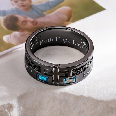 Personalized Engraved Cross Ring with Baguette Birthstones, Sterling Silver 925 Minimalist Men's Faith Ring, Birthday/Christmas Gift for Him/Husband