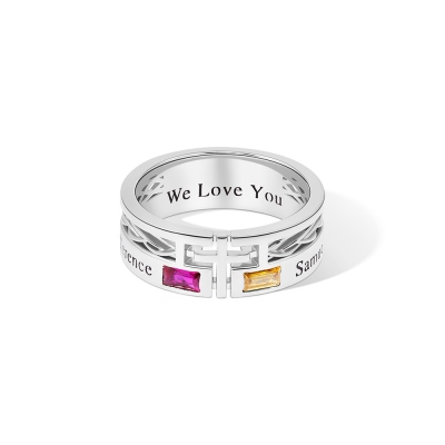 Personalized Engraved Cross Ring with Baguette Birthstones, Sterling Silver 925 Minimalist Men's Faith Ring, Birthday/Christmas Gift for Him/Husband