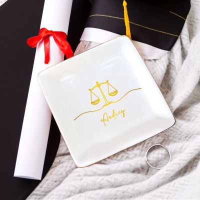 Custom Name Scale of Justice Jewelry Dish, Ceramic Trinket Ring Dish Tray for Lawyer, Law School Graduate Favor, Gift for Law Graduates/Best Friends