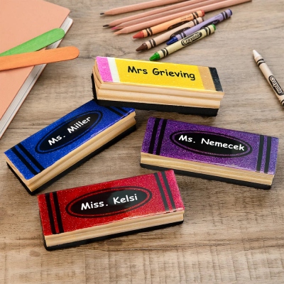 Custom Name Pencil/Crayon Design Chalkboard Eraser with 2 Markers, Acrylic Wooden Eraser & Markers, Appreciation/Back to School Gift for Teachers