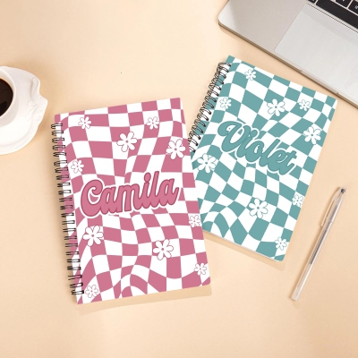 Personalized Groovy Checkered Daisy Notebook with Name, Multicolor Softcover A5 Spiral Notebook, Birthday/Back to School Gift for Students/Girls